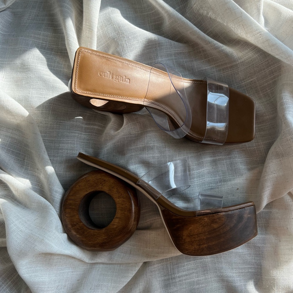 Cult Gaia Clear Strap Sculptural Wood Heel Sandals